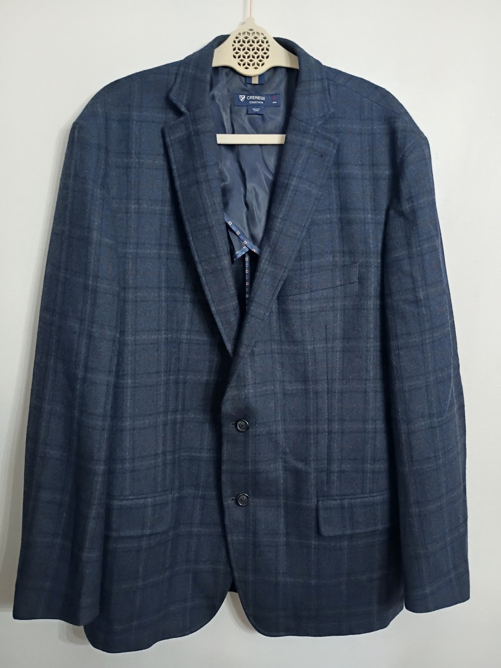Cremieux Blue Plaid Tweed 2-Button Single-Vent Sport Coat Blazer XL Elbow Patch
